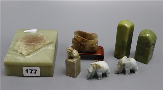 A Chinese jade vessel, three soapstone seals and other carvings